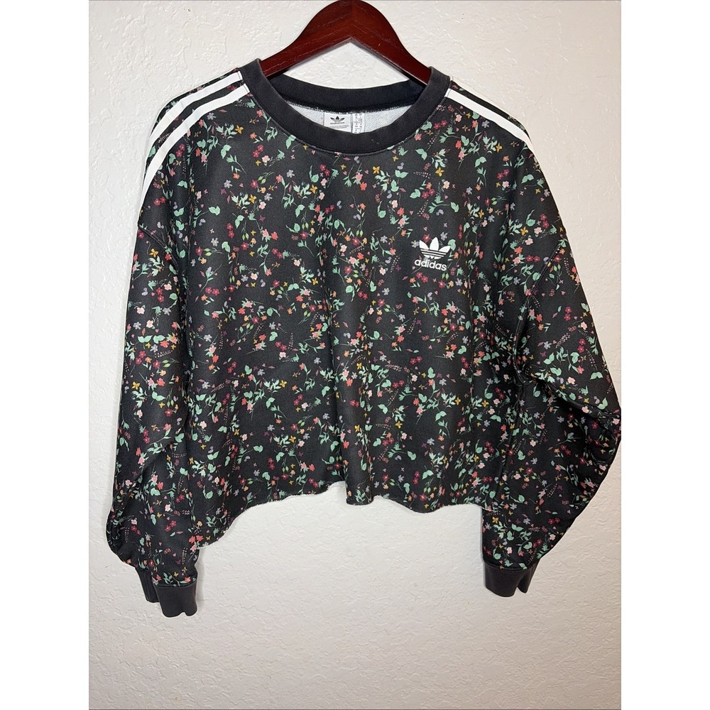 Adidas Originals Black Floral‎ Long Sleeve Oversized Sweatshirt CROPPED, Size L